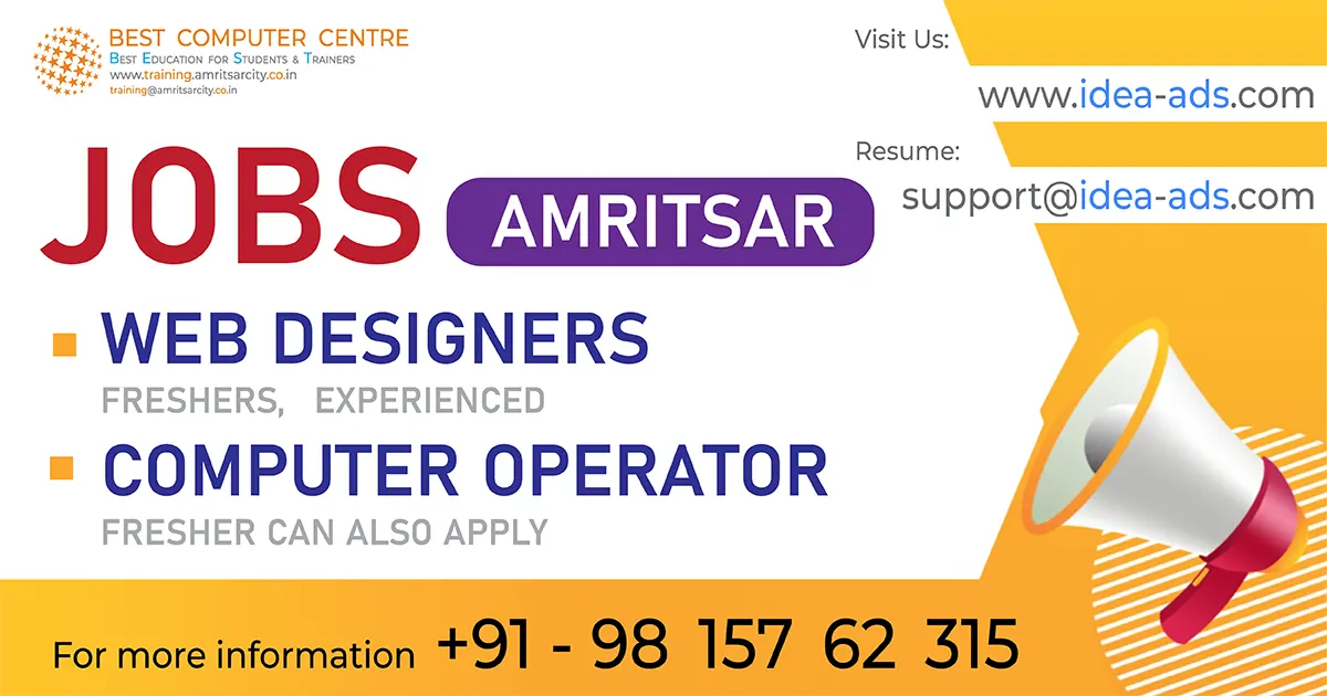 Jobs, Vacancies in Amritsar ✦ Call +91 (981) 576 2315